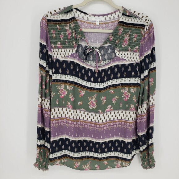 3/$25 Maurices Boho Floral Smocked Top L Long Sleeve Keyhole Sage Green Purple - Picture 1 of 7